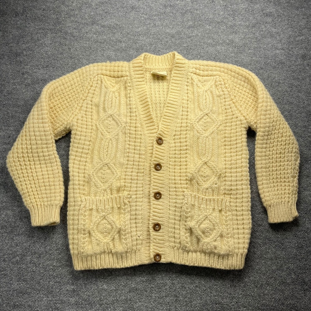 Gaeltarra Aran Handloomed Wool Cardigan Sweater Ireland Cream Mens 42 L